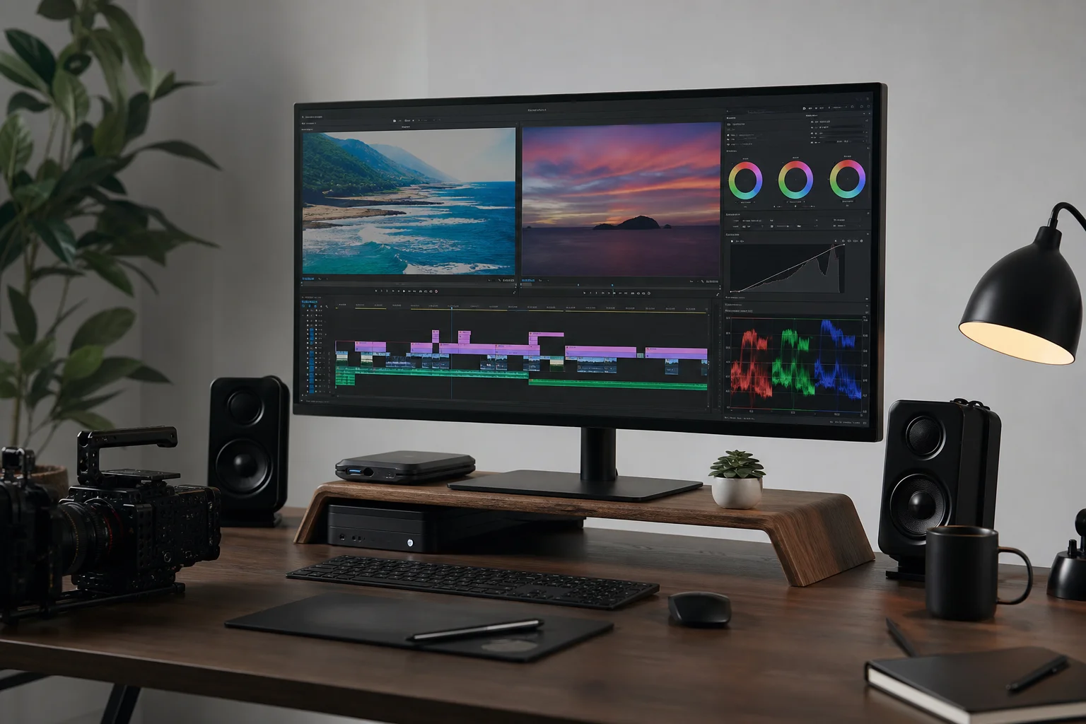 Professional video editing workstation with 8K timeline and color grading interface