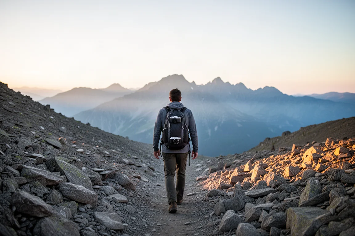 Hiker seen from behind on a rocky alpine trail at sunrise with a camera clipped to a chest strap