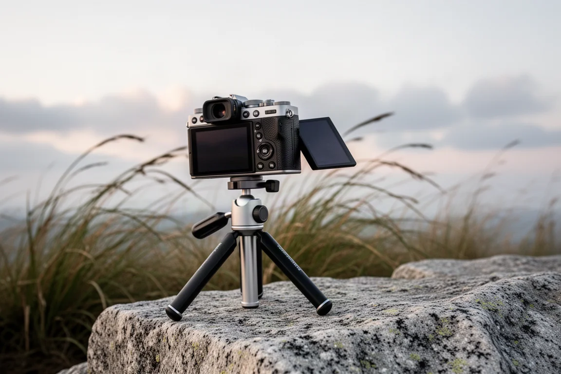 Compact camera on a lightweight tripod on a granite summit ledge with the rear screen angled outward