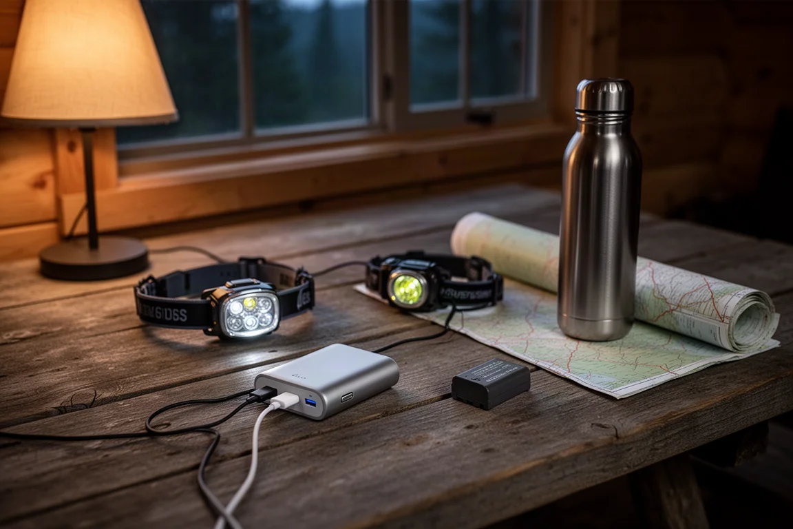 USB-C power bank and camera battery charging on a wooden camp table beside a headlamp and water bottle