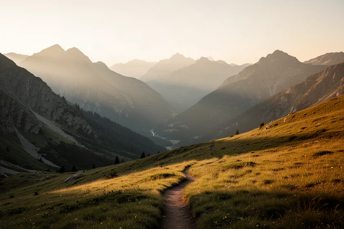 Wide mountain valley at golden hour seen from a high ridge with a narrow trail in the foreground