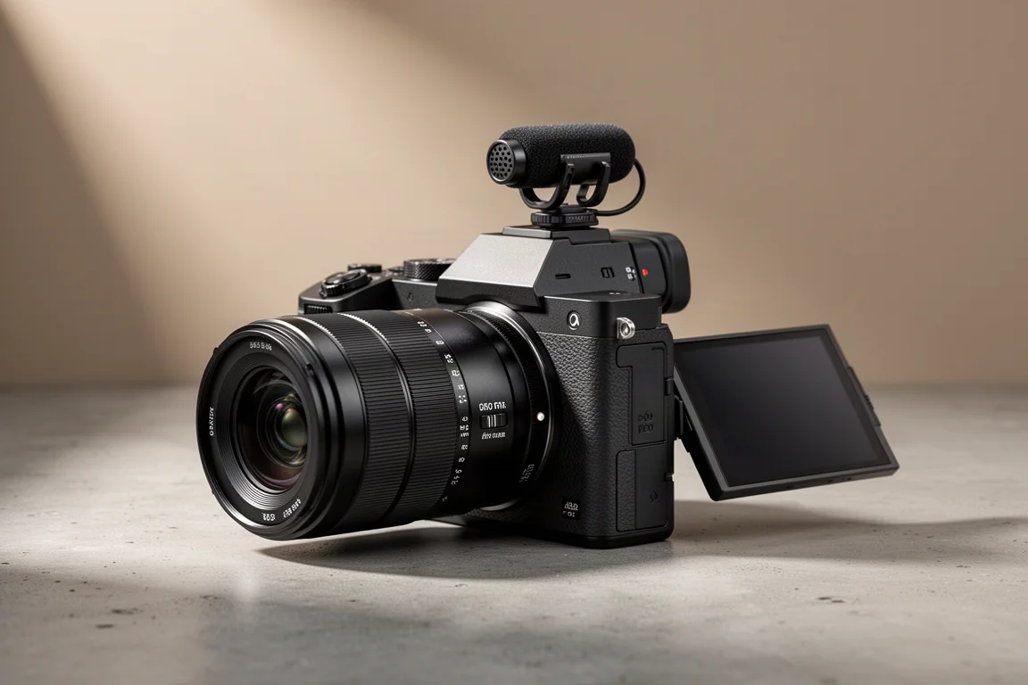 Compact full-frame mirrorless camera with zoom lens and shotgun microphone on concrete