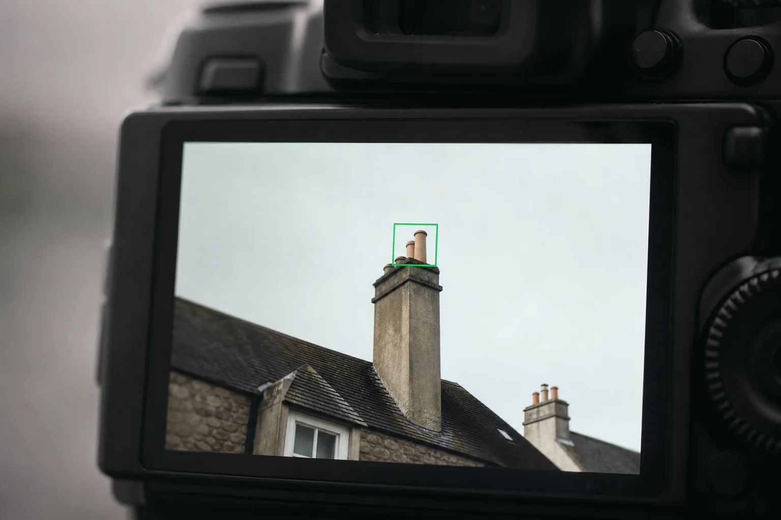 Camera LCD screen showing autofocus tracking box on architectural elements