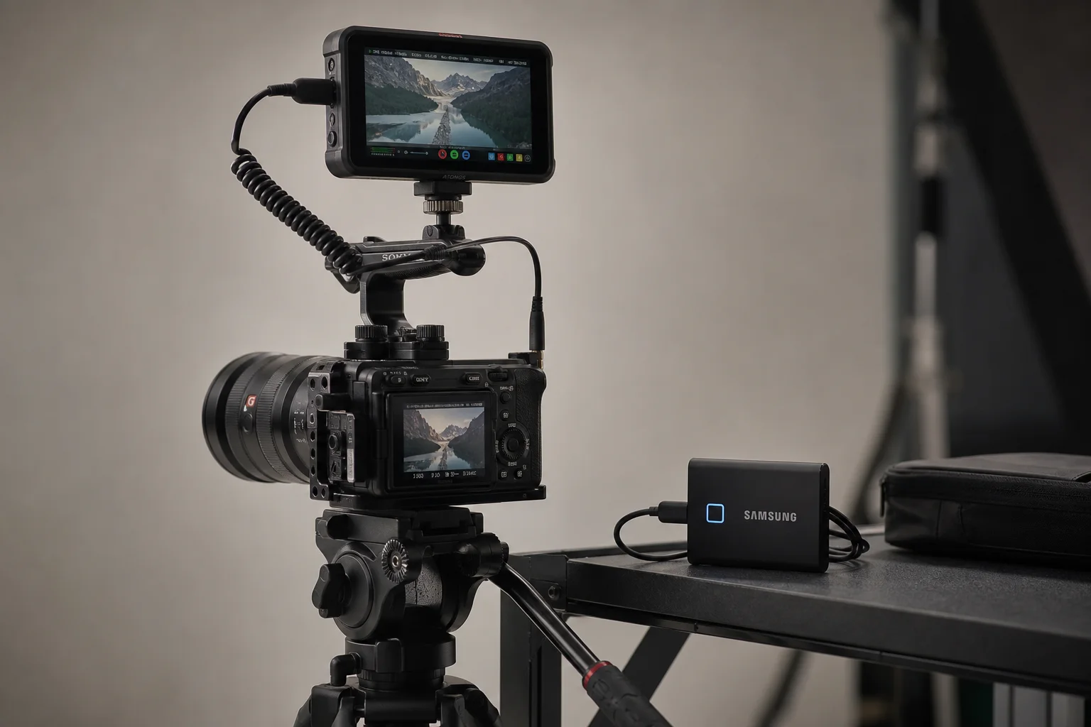 Professional video setup with camera on tripod and external SSD storage