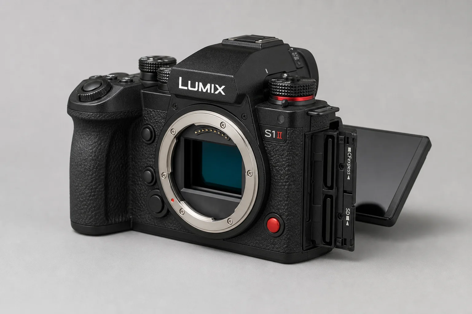 Panasonic S1 II full-frame mirrorless camera on neutral grey backdrop
