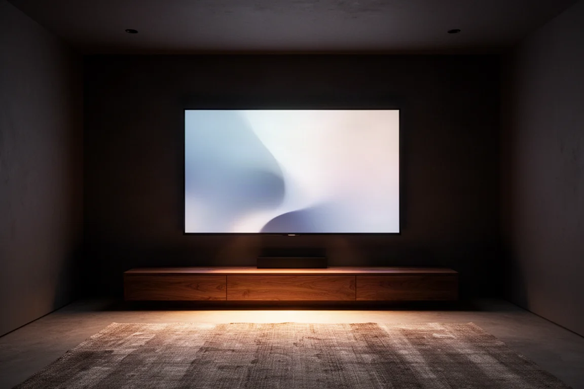 Salle de cinéma maison sombre avec un grand téléviseur lumineux sur un mur gris anthracite mat