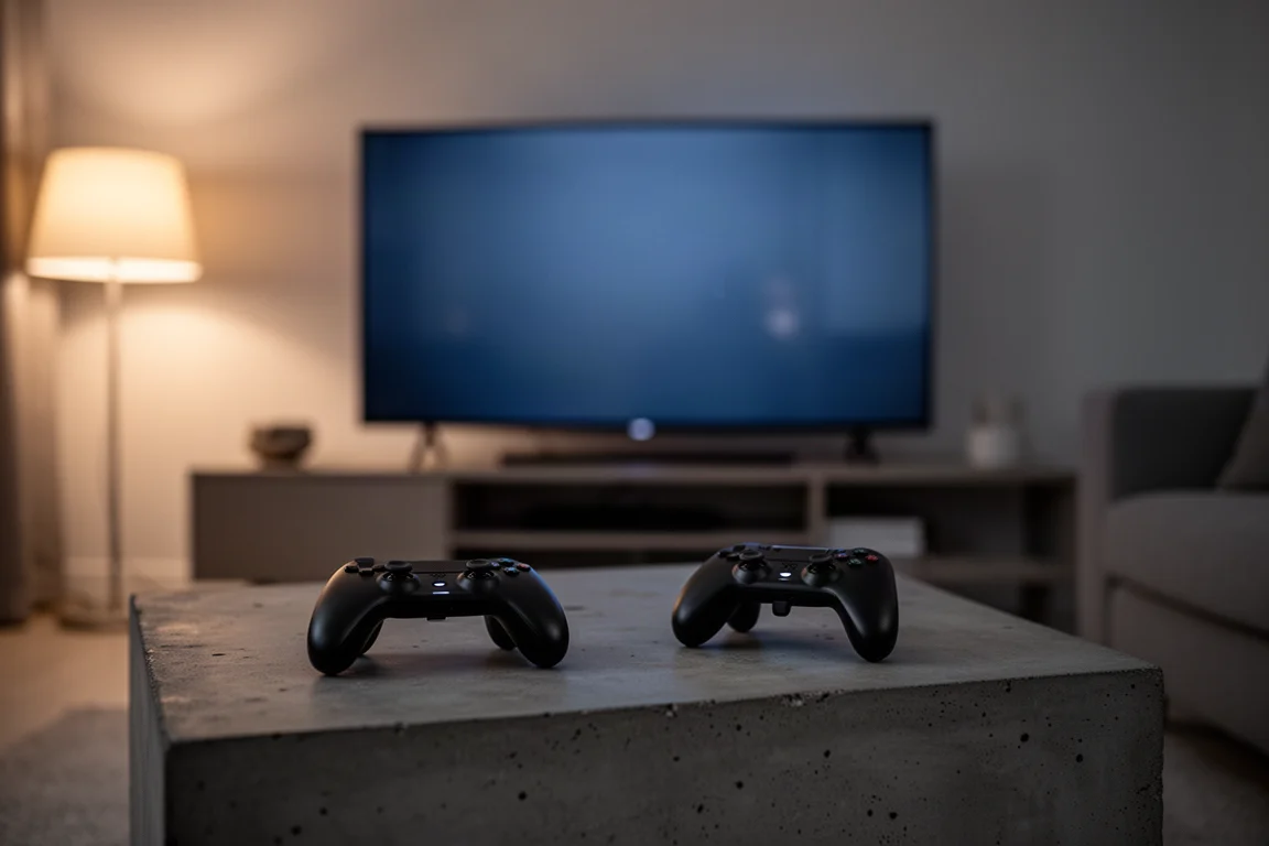Manette de jeu sur une table basse devant un téléviseur lumineux la nuit