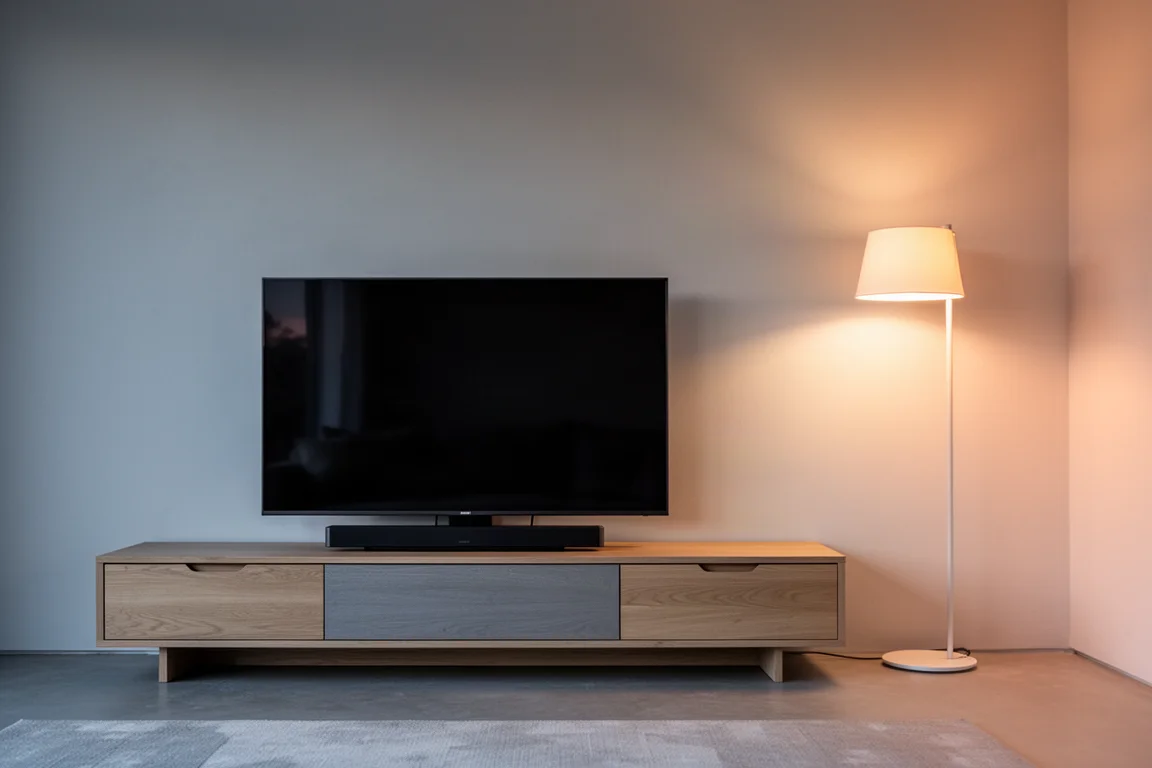 Salon minimaliste au crépuscule avec un grand téléviseur et une barre de son