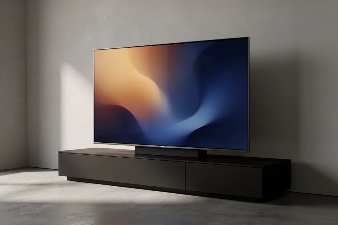 Large flat-panel television on a minimalist media console in a dim home cinema room