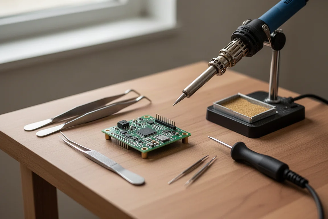Gros plan sur un petit travail d'électronique réalisé sur un plan de travail propre