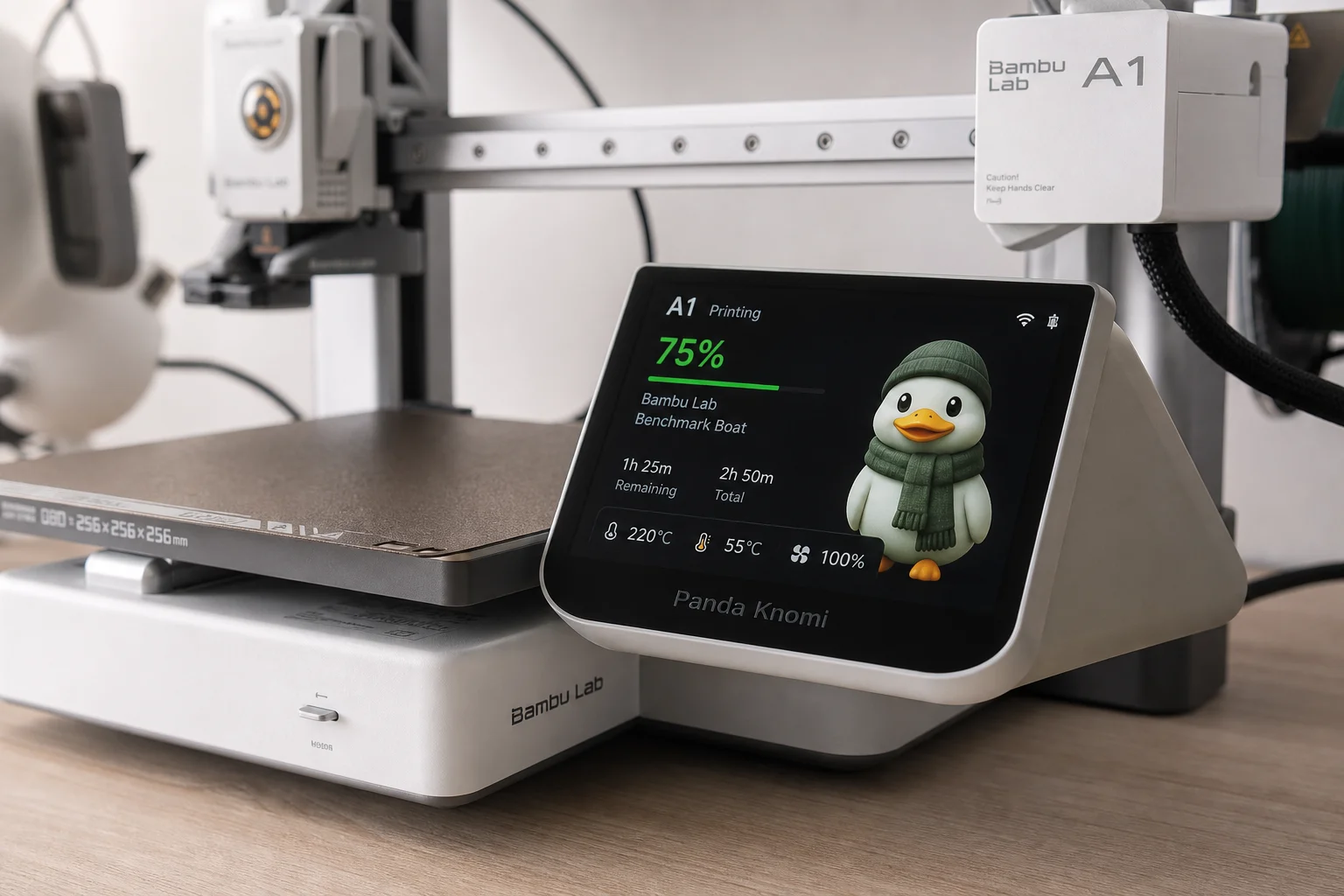 Bambu Lab A1 3D-Drucker mit Upgrade-Zubehör, einschließlich Panda Knomi Display und LED-Streifen