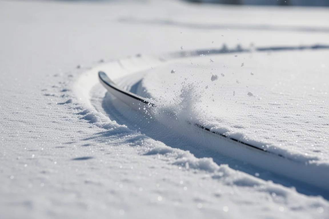 Primo piano del canto di uno sci che intaglia una linea pulita su neve compatta preparata