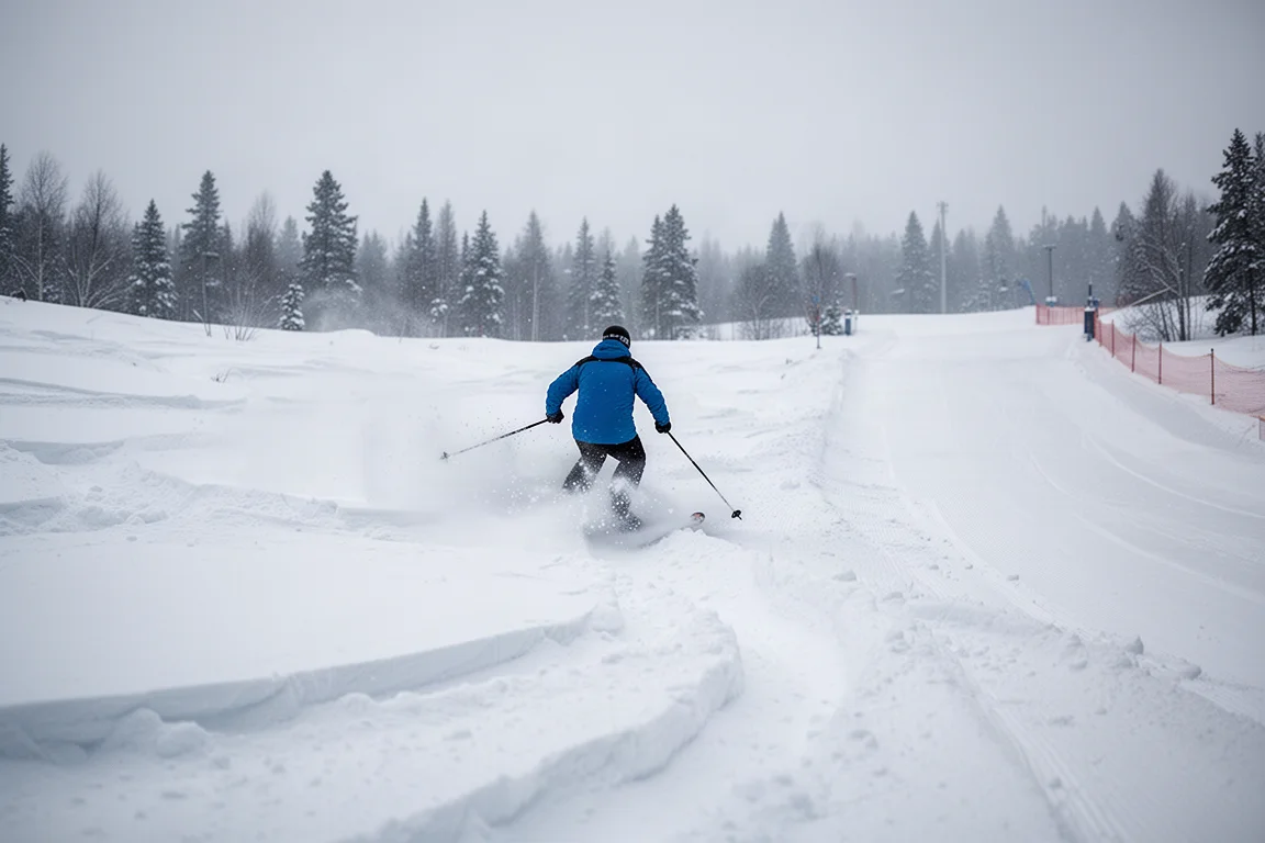 Sciatore su neve fresca non battuta con tracce profonde e terreno irregolare