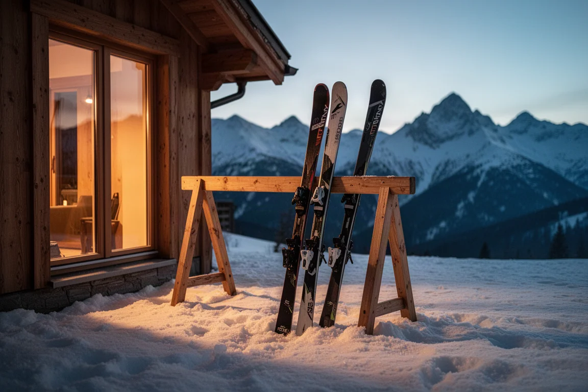 Coppia di sci appoggiati su una rastrelliera fuori da un rifugio di montagna al tramonto
