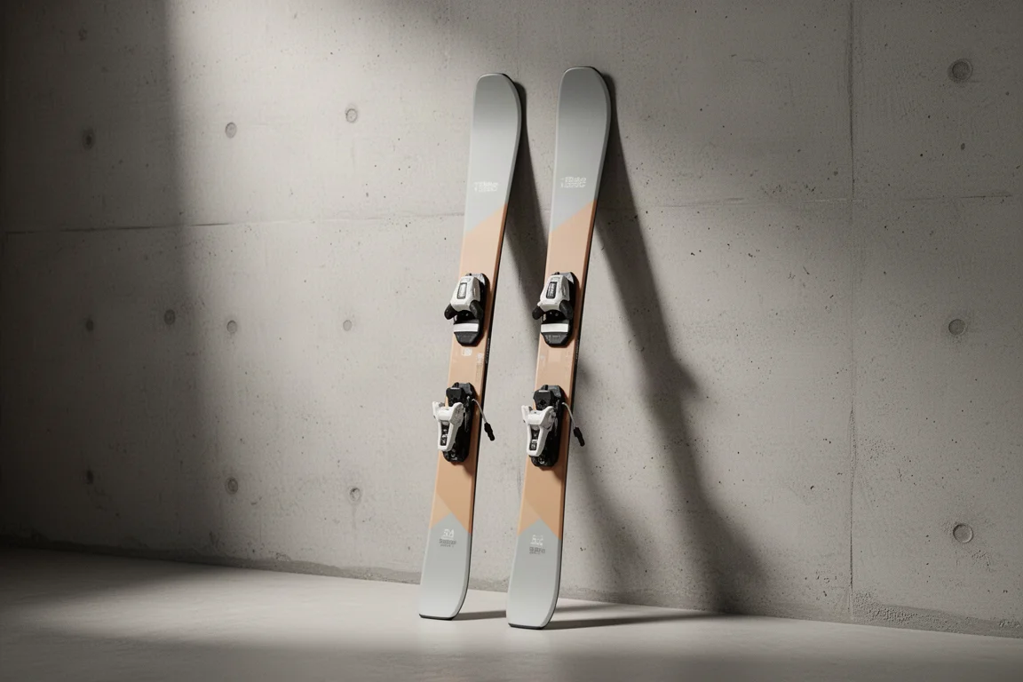 Pair of lightweight 84 mm all-mountain skis leaning against a concrete wall