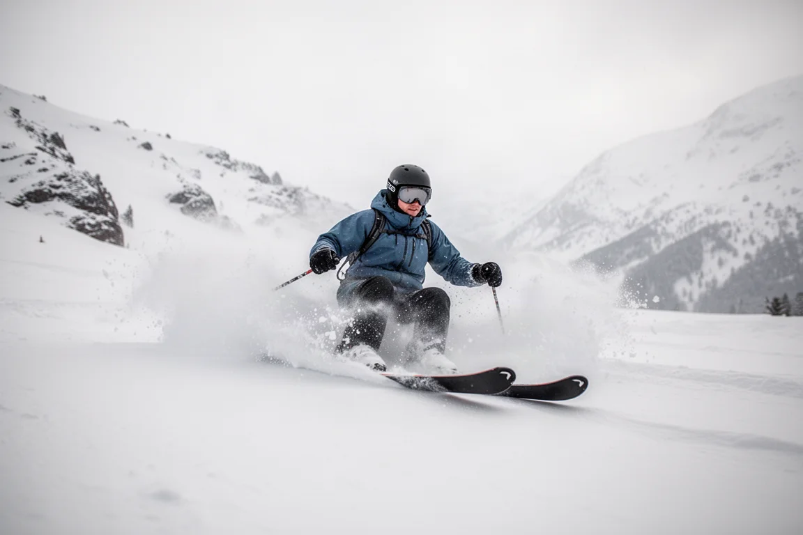 Esquiador flotando sobre nieve polvo profunda con un esquí ancho