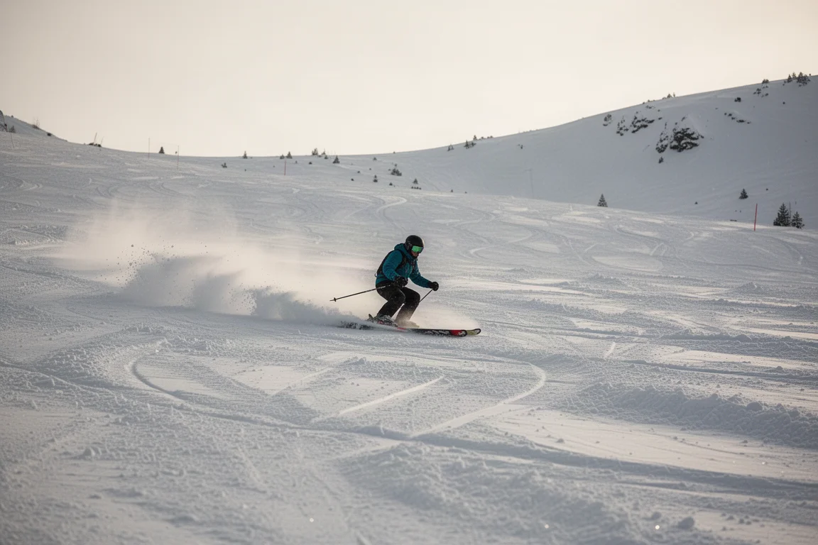 Esquiador realizando giros suaves sobre nieve variable y deteriorada