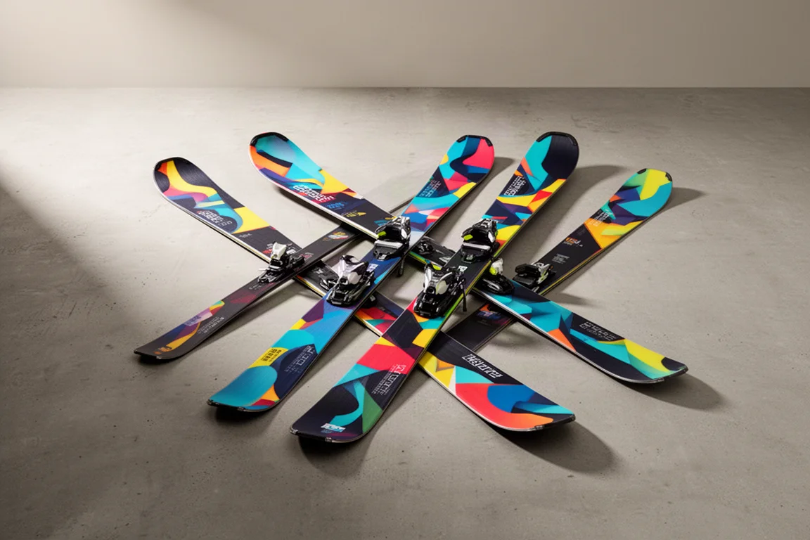 Four Pandora skis of decreasing width fanned out on a concrete surface