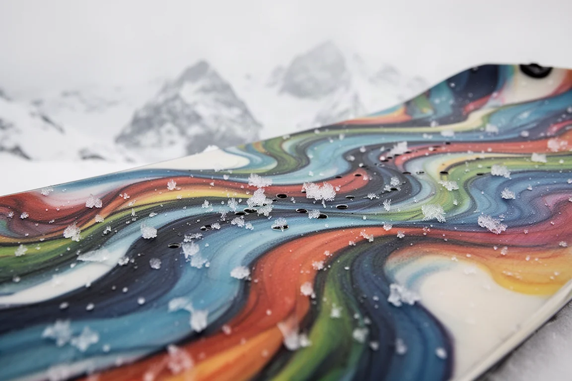 Gráficos de esquis com arte multicolorida fluida sobre um fundo de montanha nevada