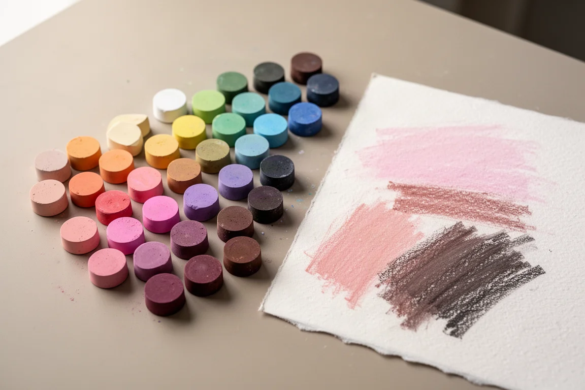 Filas de recipientes redondos de pastel en toda la gama de colores, recién probados en papel