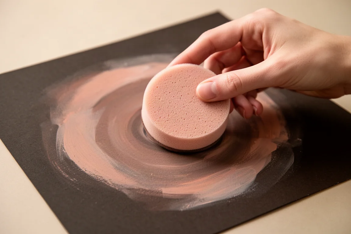 Artista difuminando pastel en papel con una herramienta de esponja, pinceladas suaves de estilo pictórico
