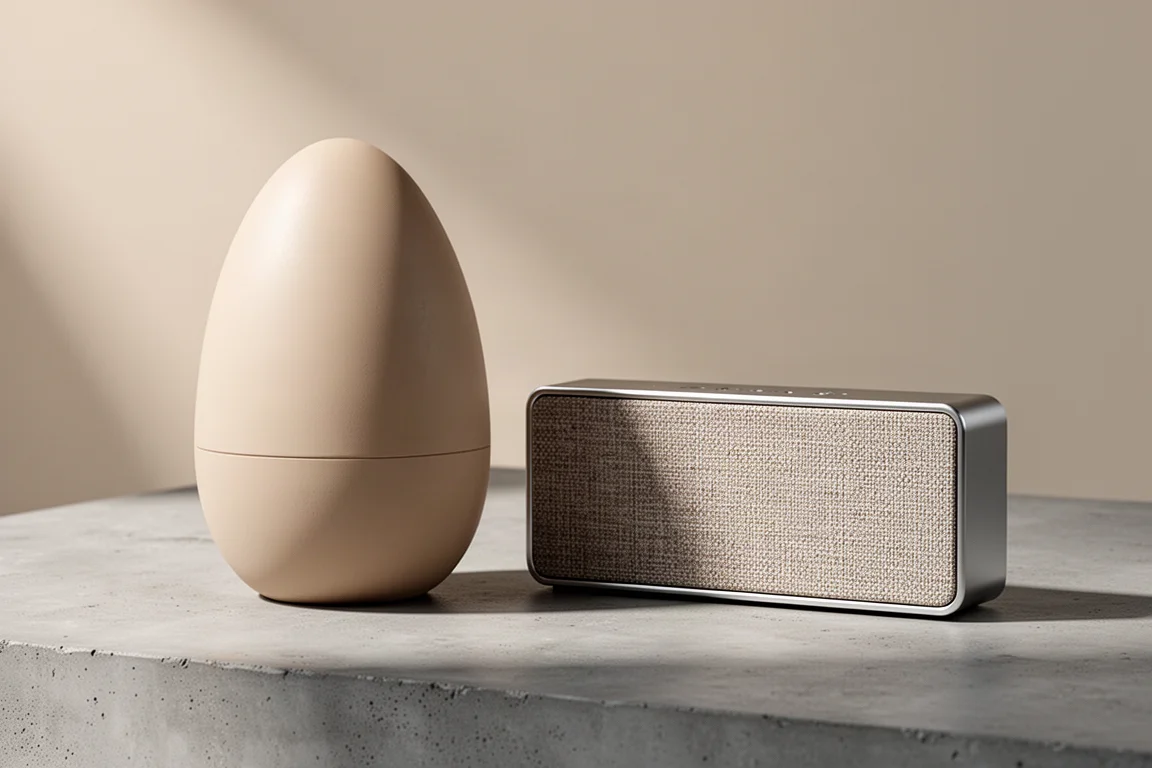 Two premium wireless speakers, one egg-shaped and one slim rectangular, on a concrete surface