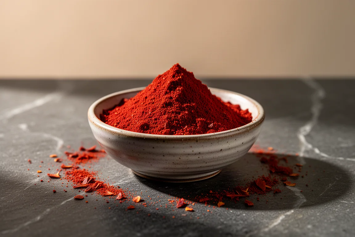 Polvere di paprika rosso profondo ammucchiata in una ciotolina su una superficie scura