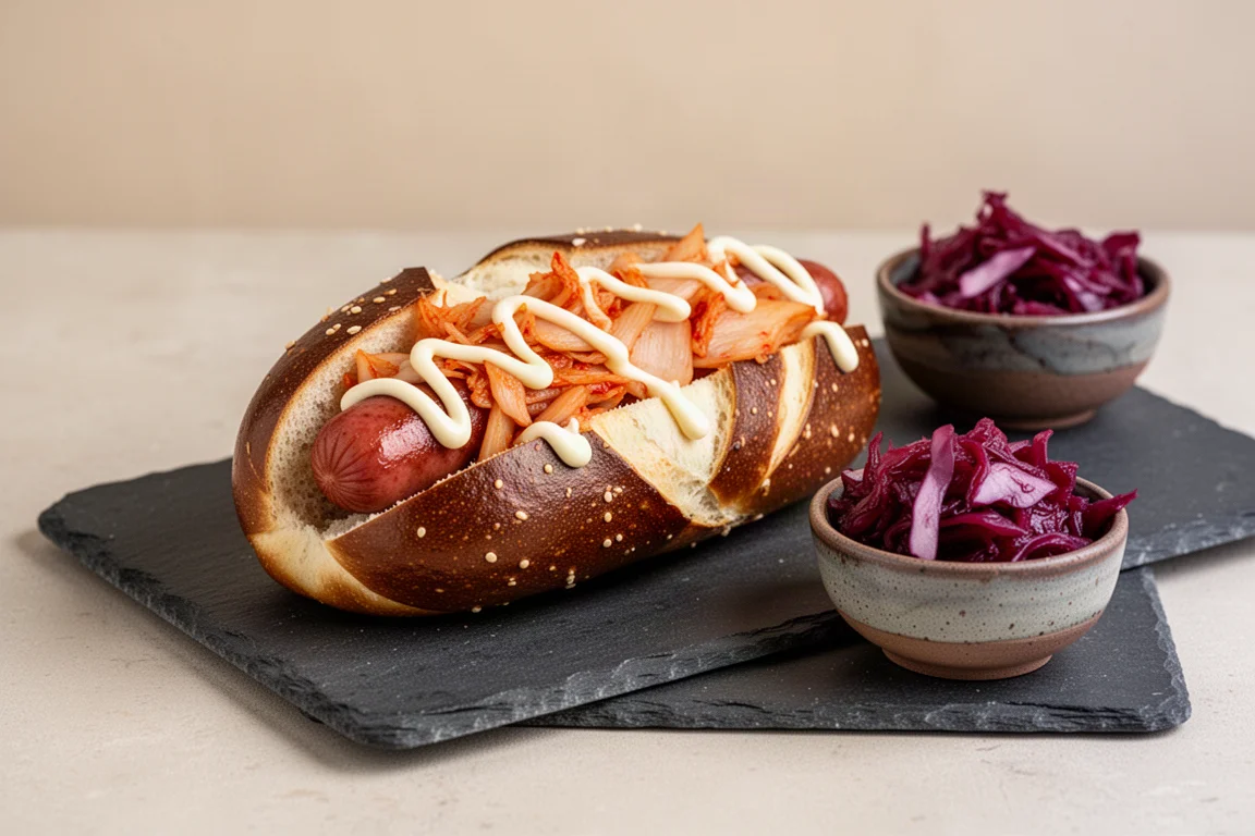 Ciotola di kimchi fresco servito accanto a un hot dog condito con maionese