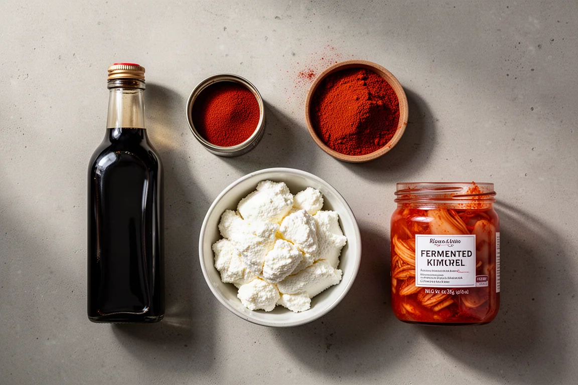 Flat-lay of soy sauce, paprika, ricotta and kimchi on a concrete surface