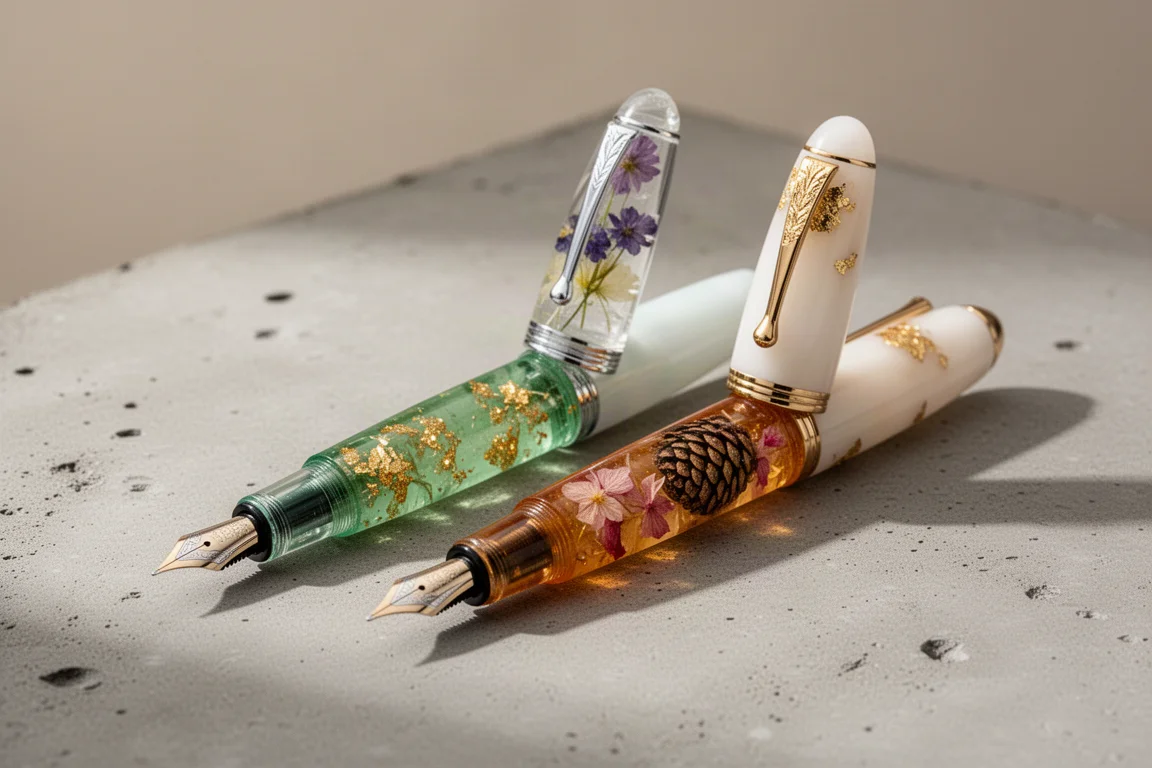 Two artisan resin fountain pens with floral and gold flake details on a concrete surface