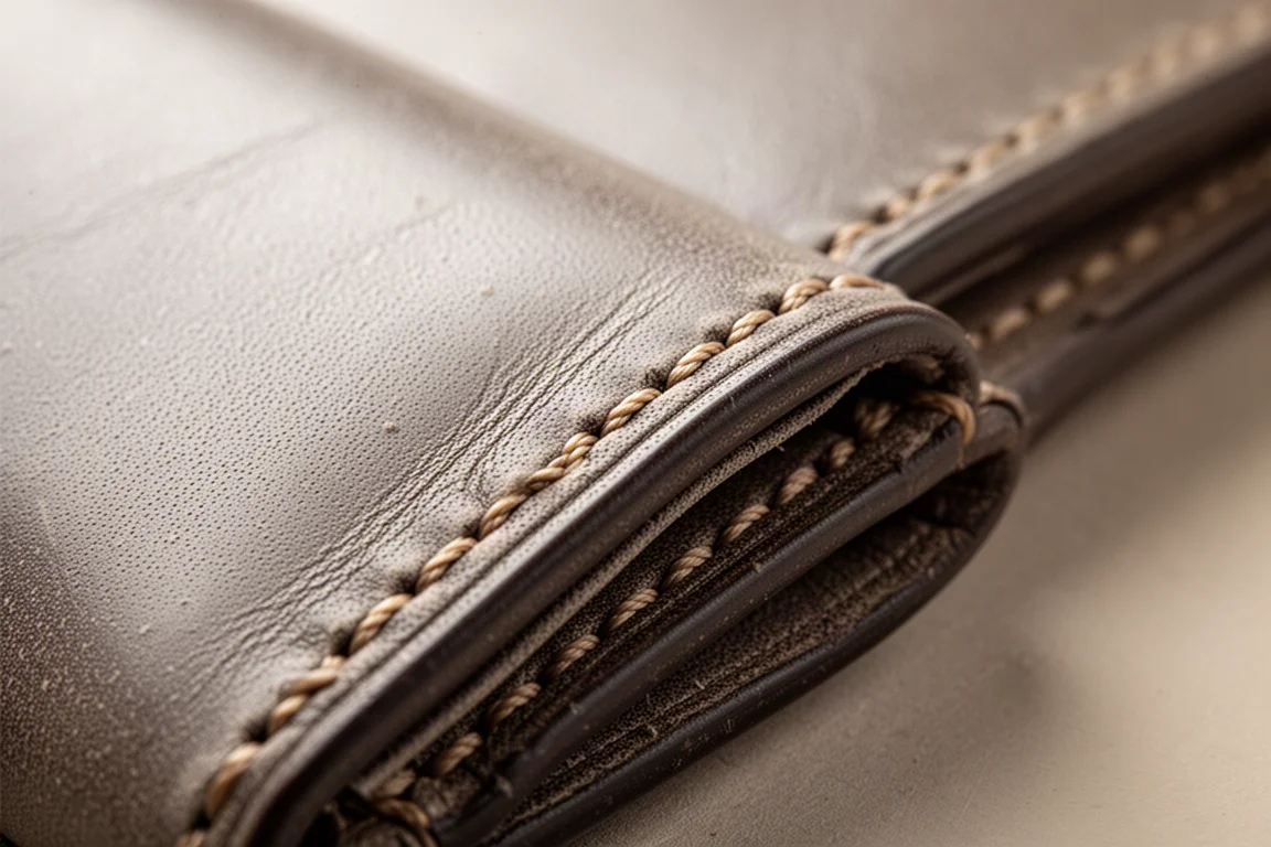 Close-up of hand stitching on a leather wallet edge