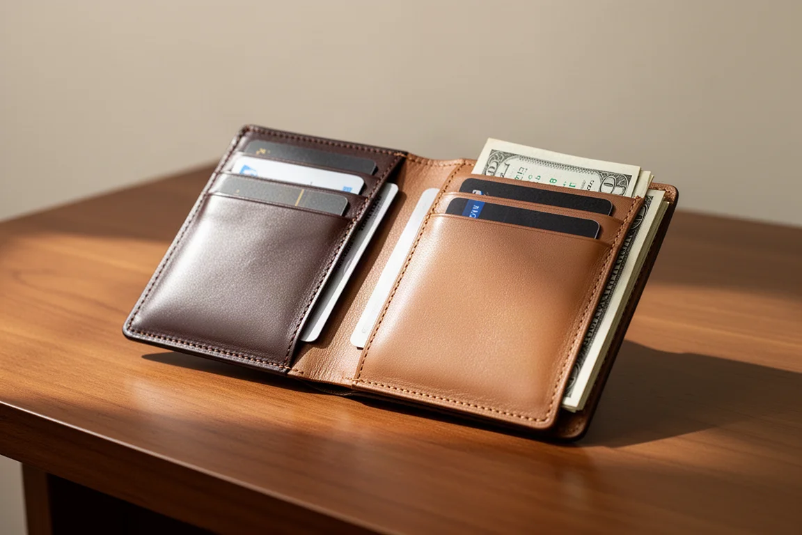 Open leather wallet showing card compartments and cash area