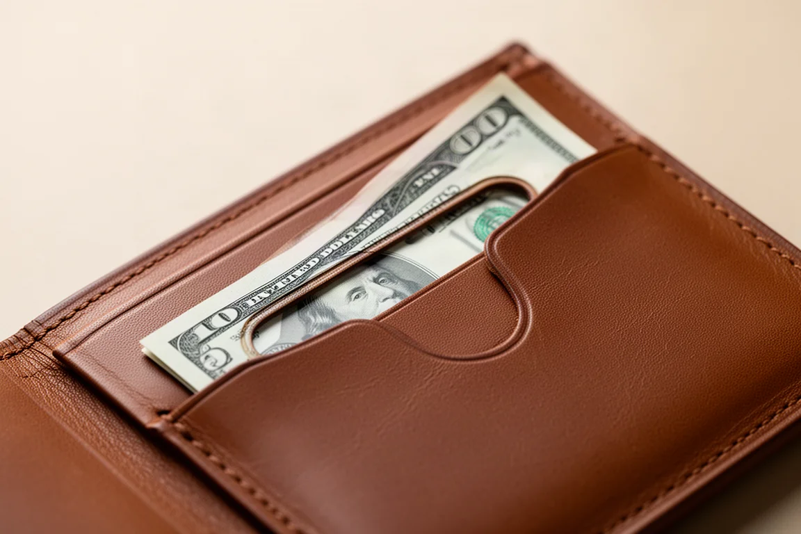 Bills loaded into a wallet cash compartment with a visible interior window