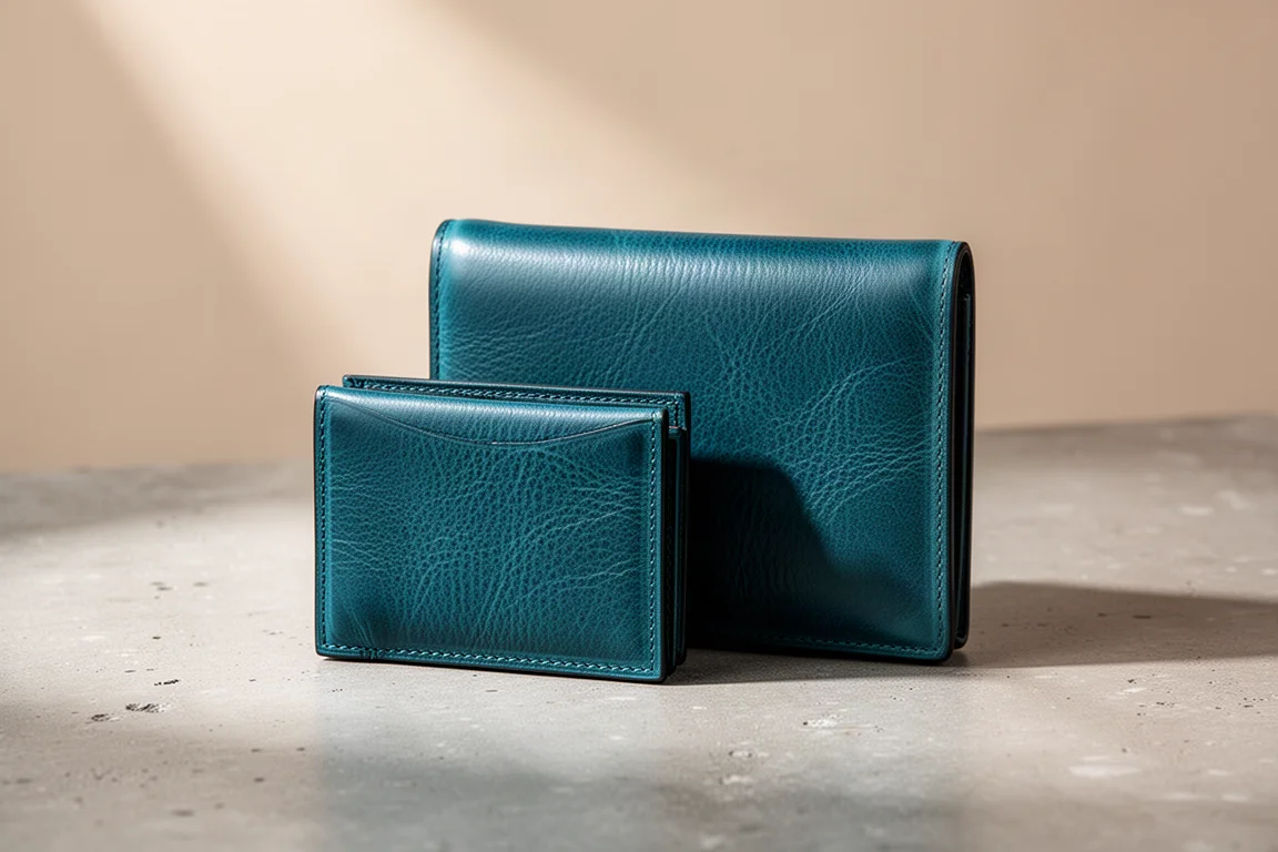 Two wallets of different sizes stacked for comparison on a concrete surface