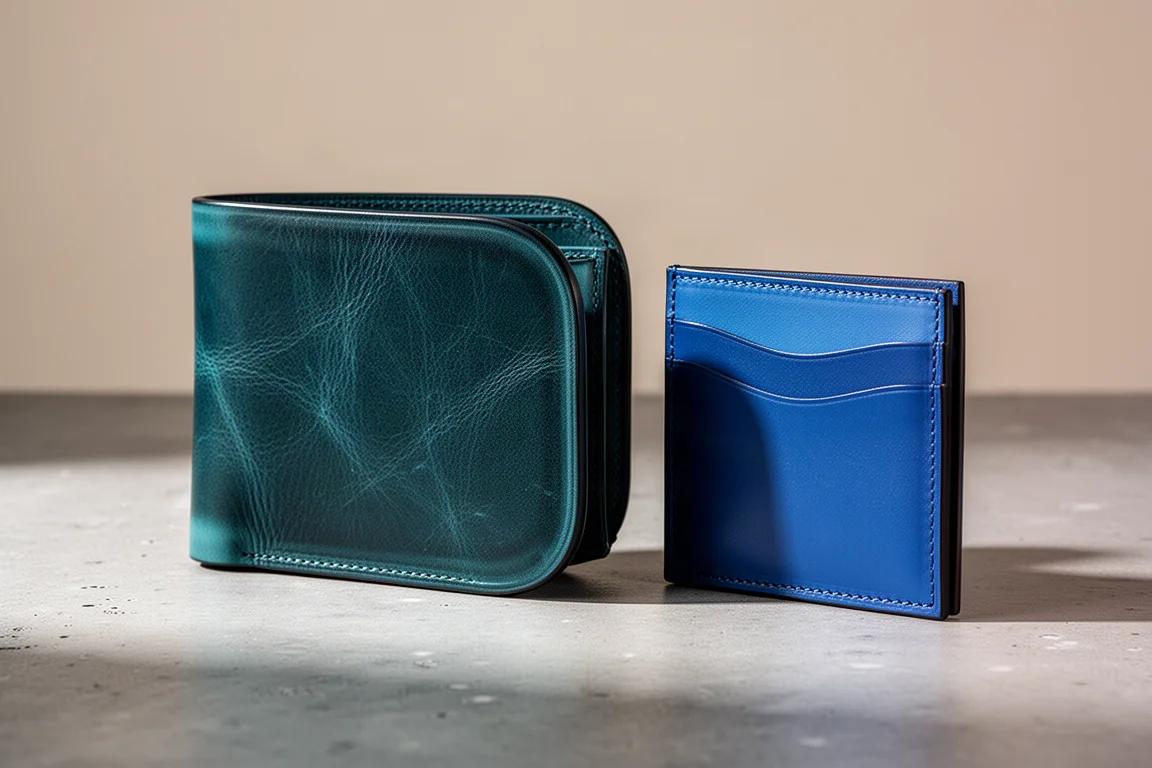 Full-size and mini leather wallets in dark turquoise leather on a concrete surface
