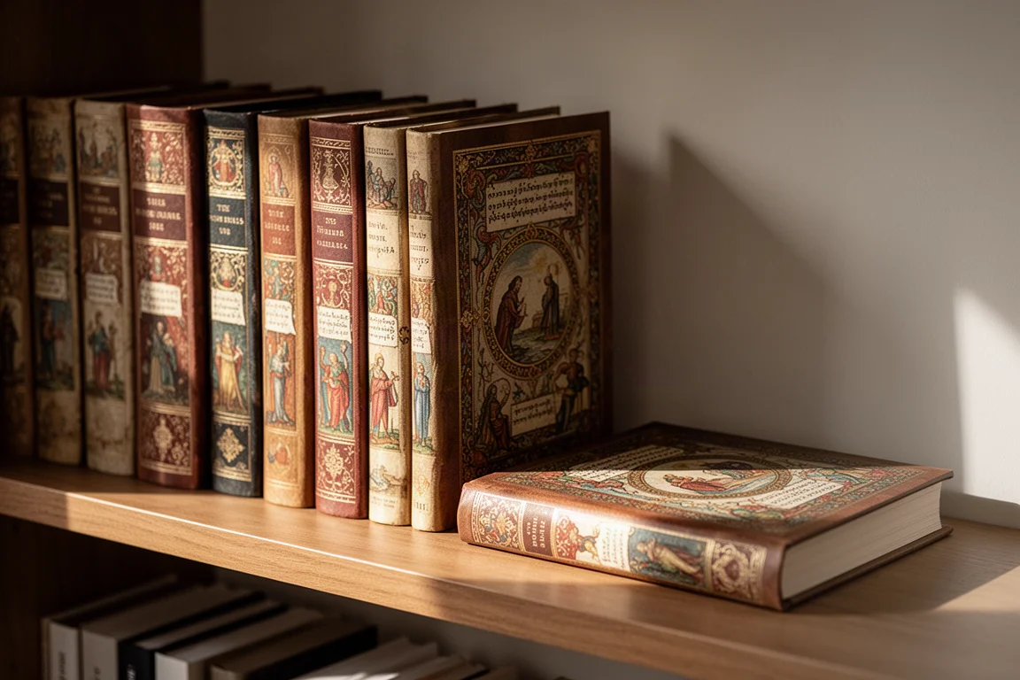 Stapel versierde hardcover-notitieboeken op een boekenplank in warm licht