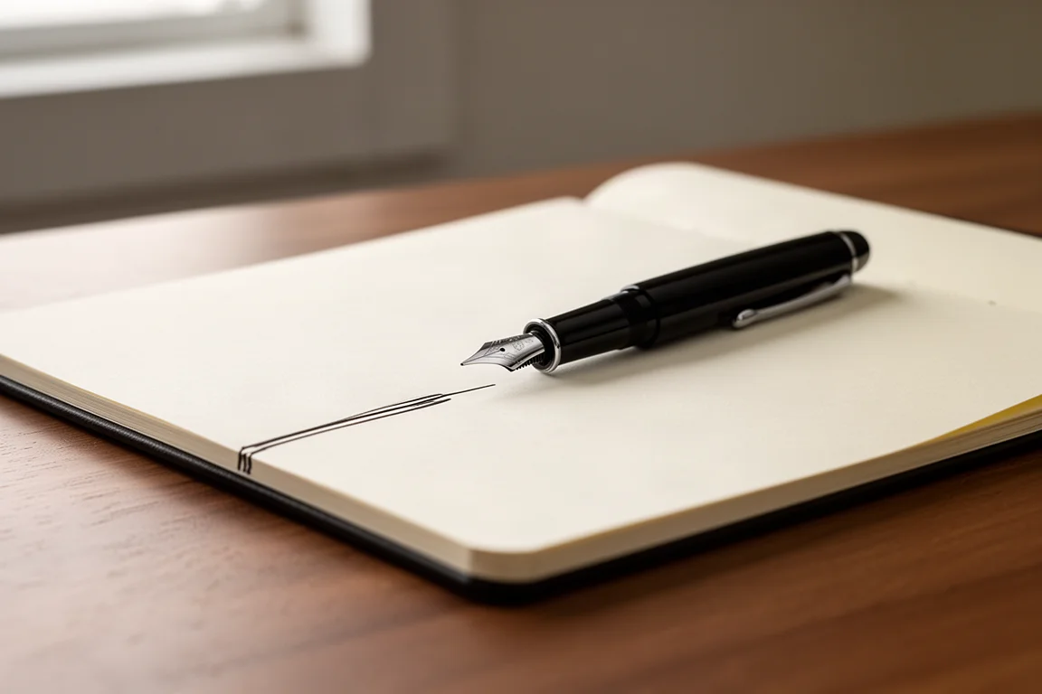 Vulpen schrijft op crèmekleurig papier met schone inktlijnen