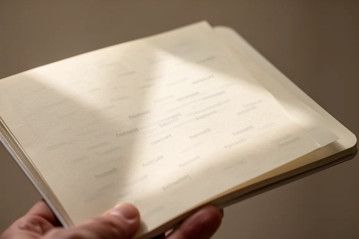 Notitieboekpagina tegen het licht gehouden, met een subtiel papierwatermerk zichtbaar