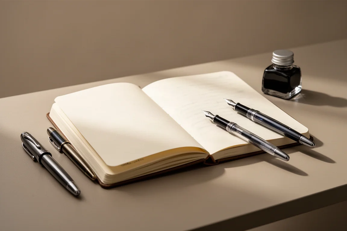 Geopend notitieboek op een bureau naast vulpennen en inktflessen tijdens een schrijfsessie