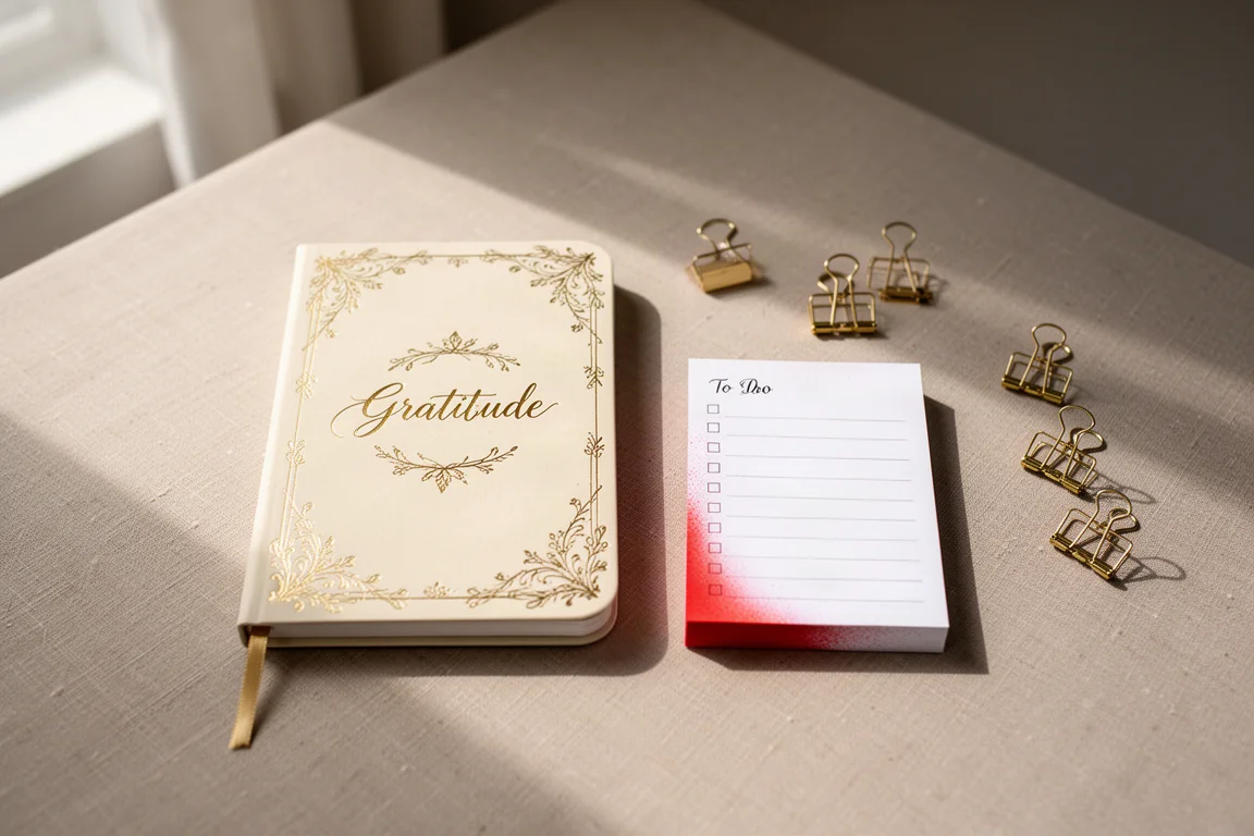 Guldfolierad tacksägelsejournal och att-göra-lista på ett skrivbord