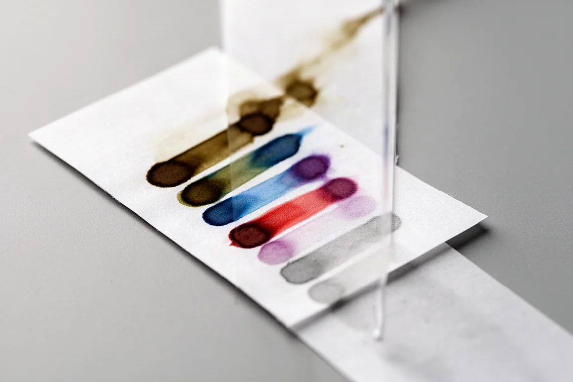 Pasek chromatograficzny atramentu pokazujący rozdzielone pasy zieleni, błękitu i fioletu