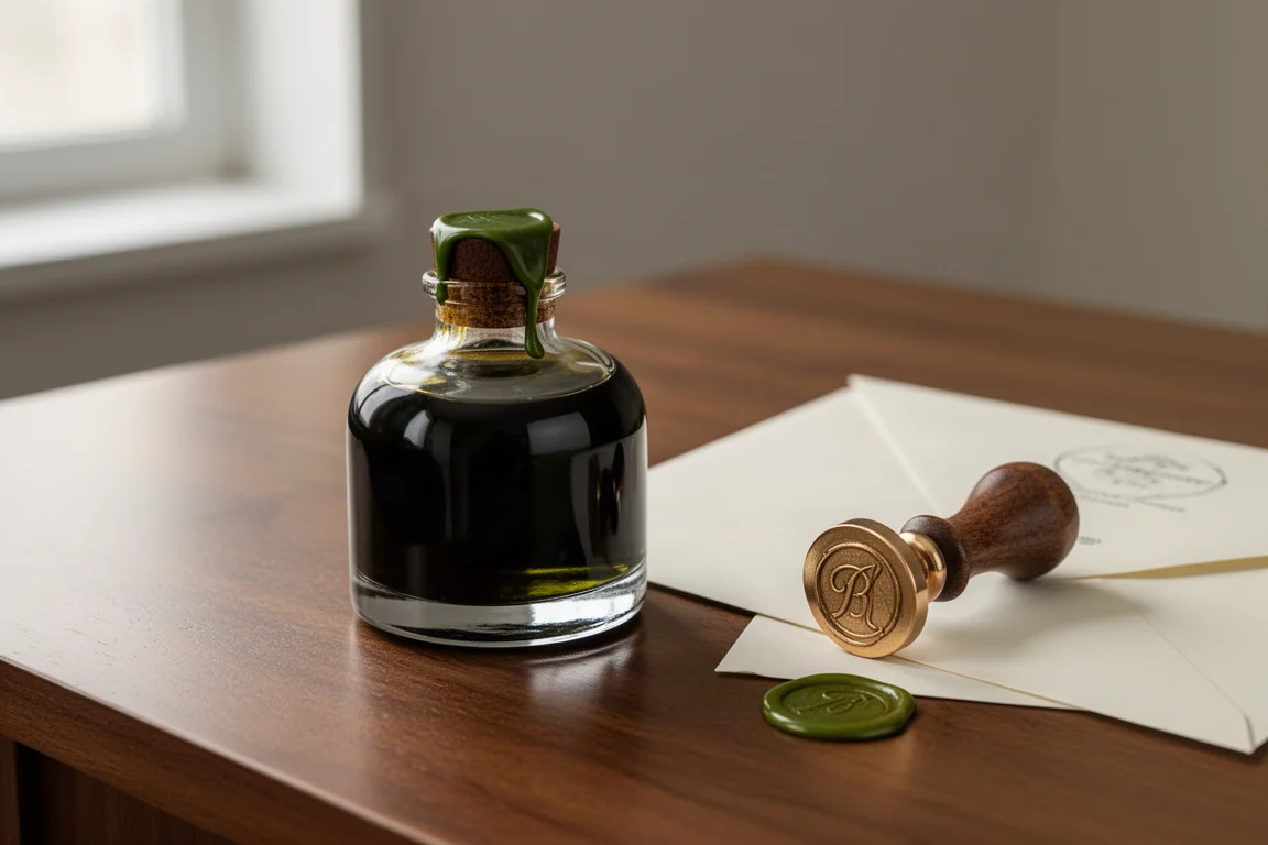 Botella de tinta de cristal con tapón sellado con lacre sobre un escritorio junto a material para escribir cartas