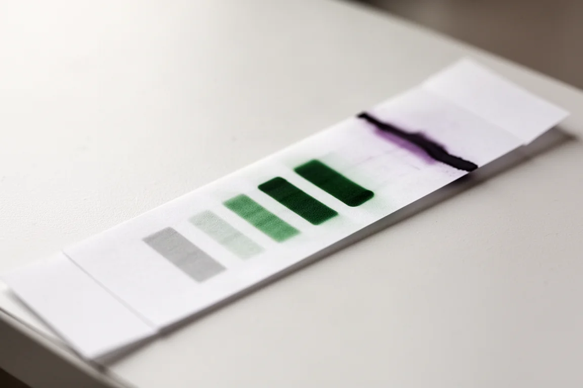 Tira de cromatografía mostrando la separación de los componentes verde y púrpura-negro de la tinta