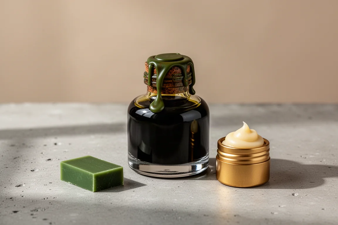 Glass ink bottle with green and brown wax-sealed cap on concrete surface