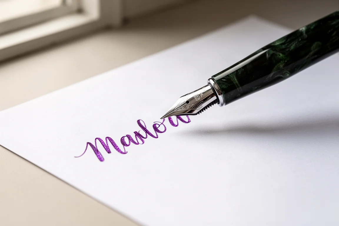 Pluma estilográfica escribiendo con tinta verde con destello sobre papel blanco
