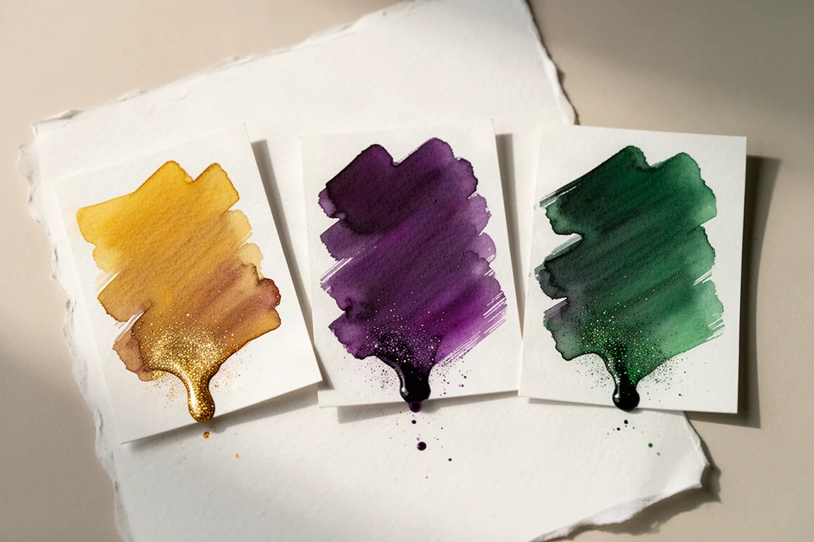 Pruebas de muestras de tinta sobre papel Tomoe River mostrando destello y sombreado
