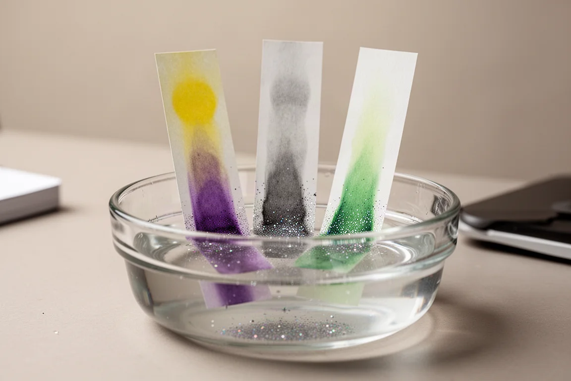 Tiras de cromatografía mostrando la descomposición de color de tres tintas