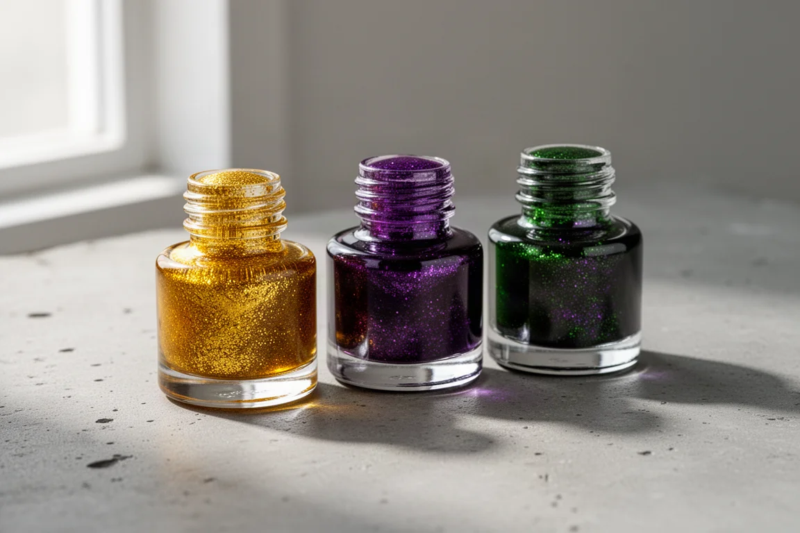 Three glass ink bottles with shimmering yellow, purple, and green ink on a concrete surface