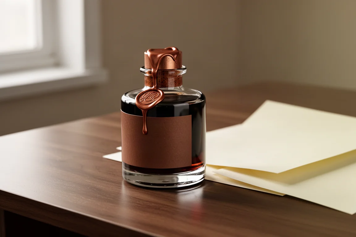 Glass ink bottle with coppery brown ink and wax-dripped cap on a wooden desk
