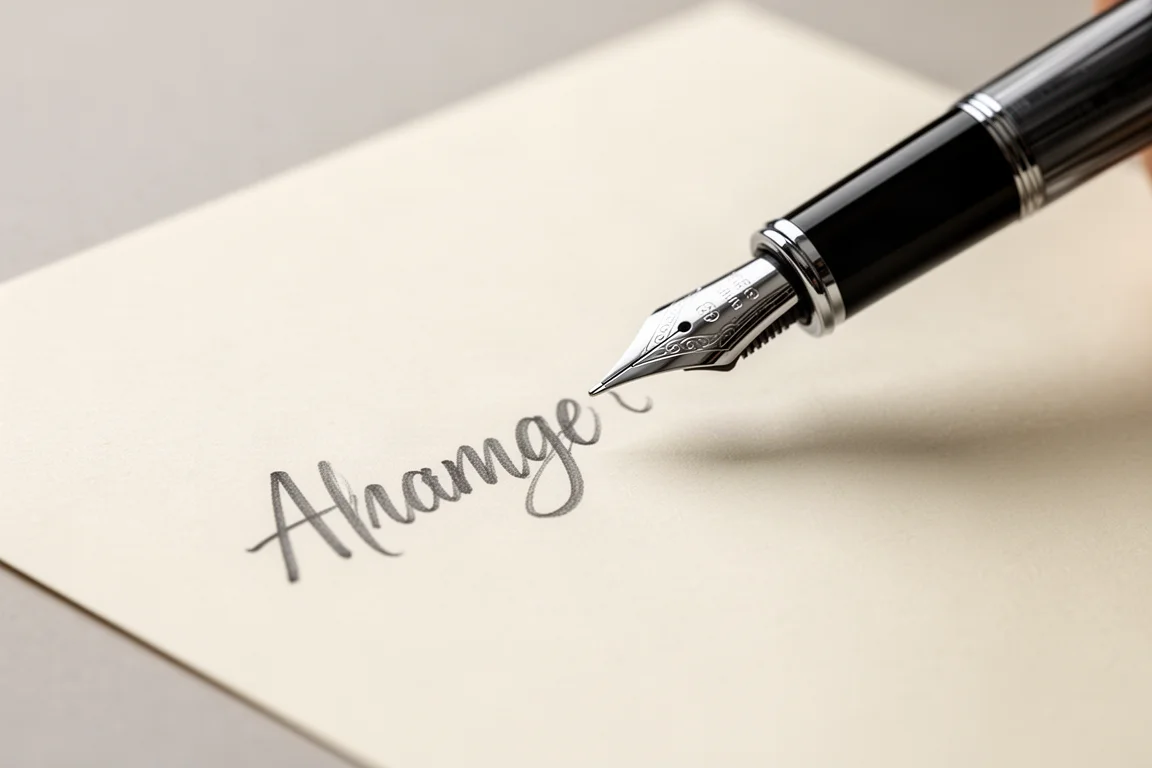 Schrijfsample met grijze inkt die over crèmekleurig papier stroomt met een fountain pen